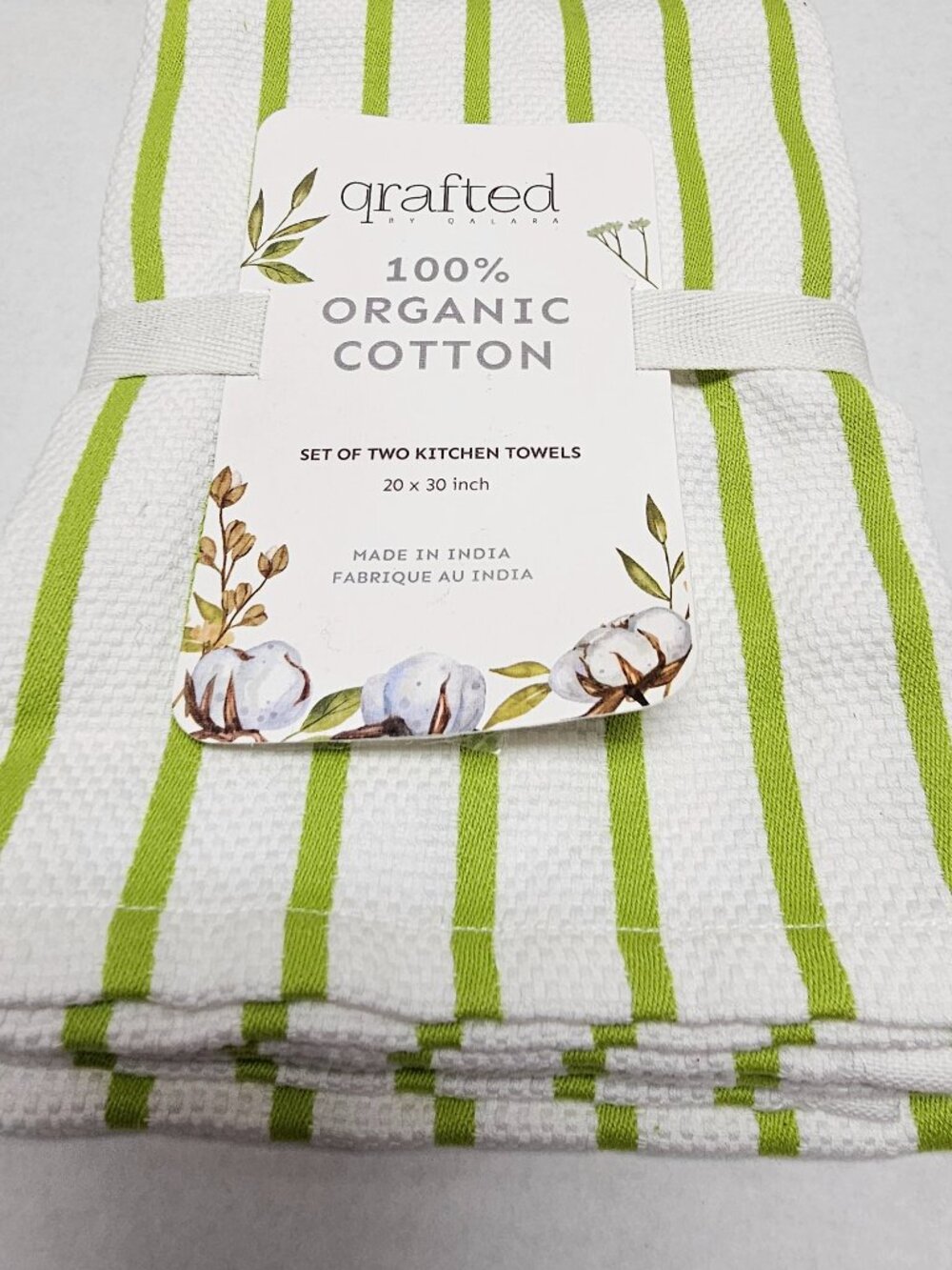 New Grafted By Qalara 100% Organic Cotton Set 2 kitchen Towels 20X 30" Green Wh